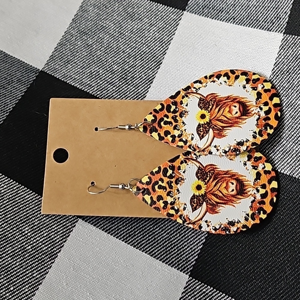 Handmade New Faux Leather Highland Cow Leopard Print Sunflower Dangle Earrings